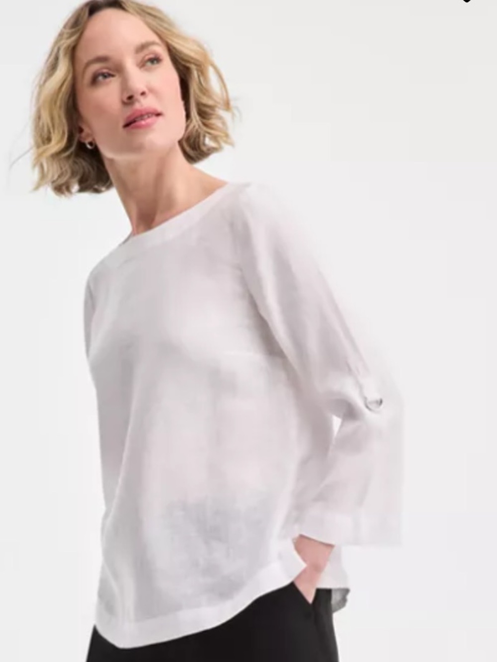 New 100% Linen Charter Club luxury White Round Neck Roll-Sleeve Blouse Size S - Picture 5 of 10